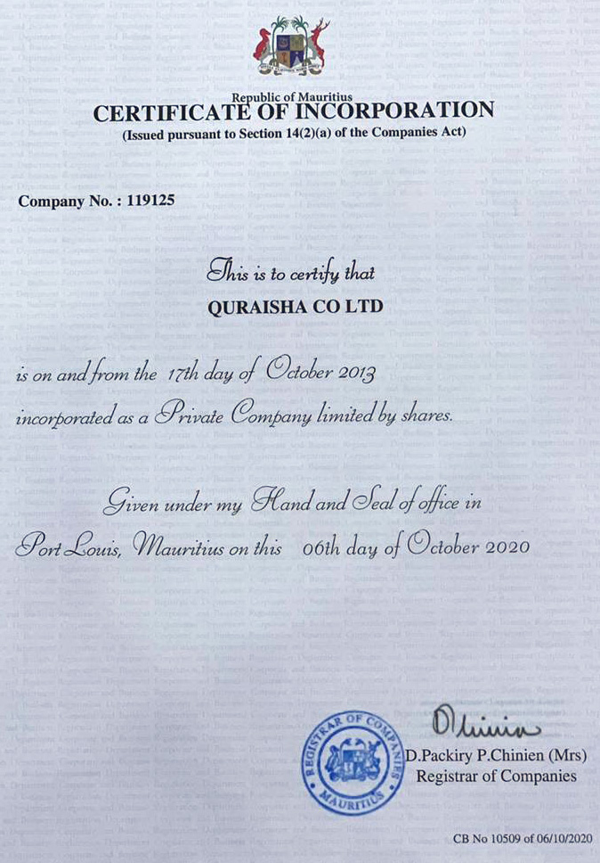 Quraisha Certificate of Incorporation